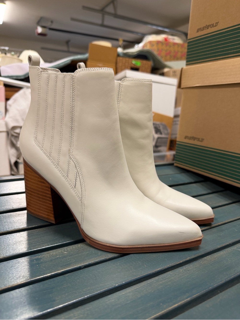 Women's White Leather Block Heel Ankle Boots